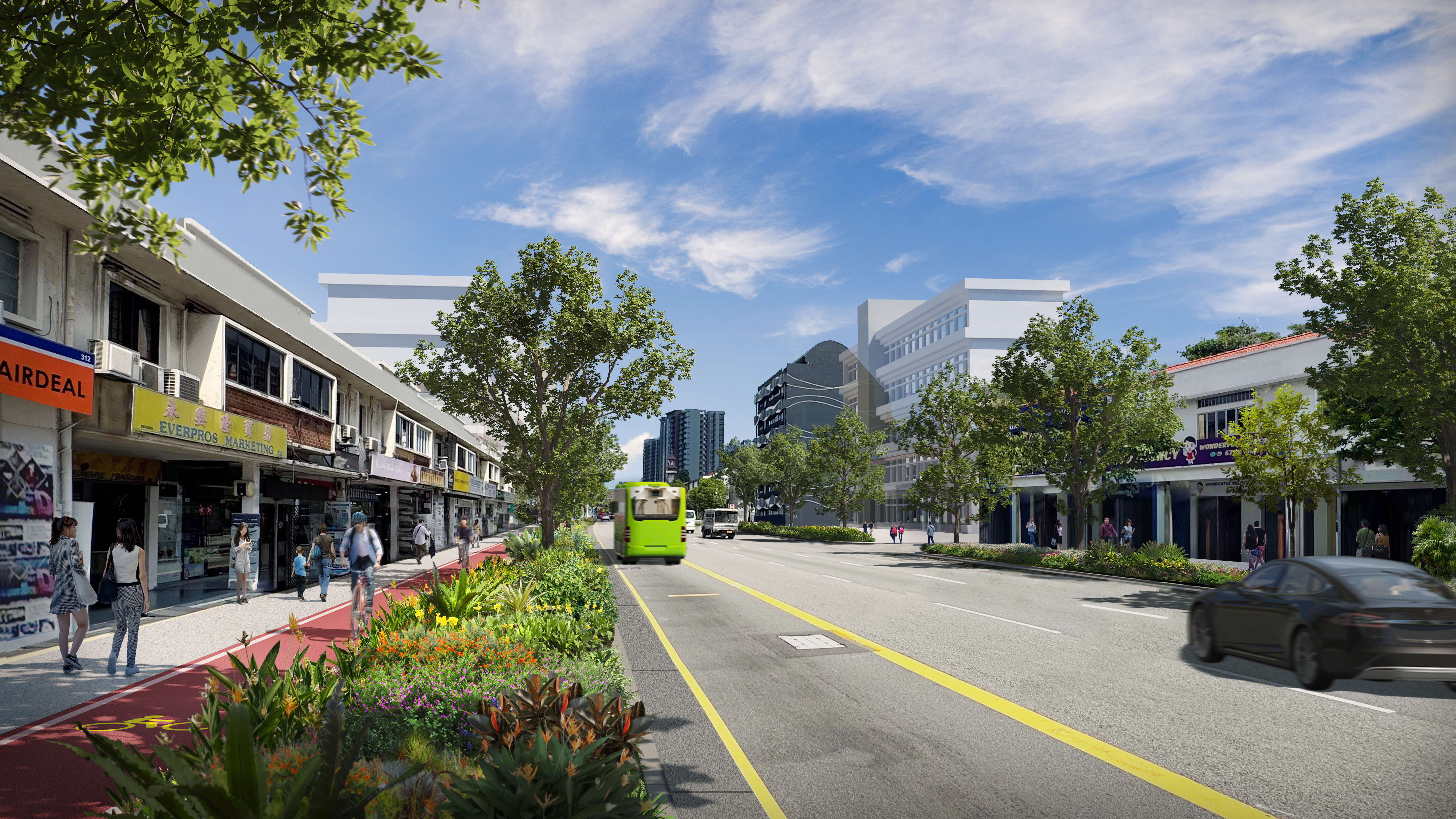 A vibrant street view features shops, a red bike lane, a green bus, and a black car under a partly cloudy sky.